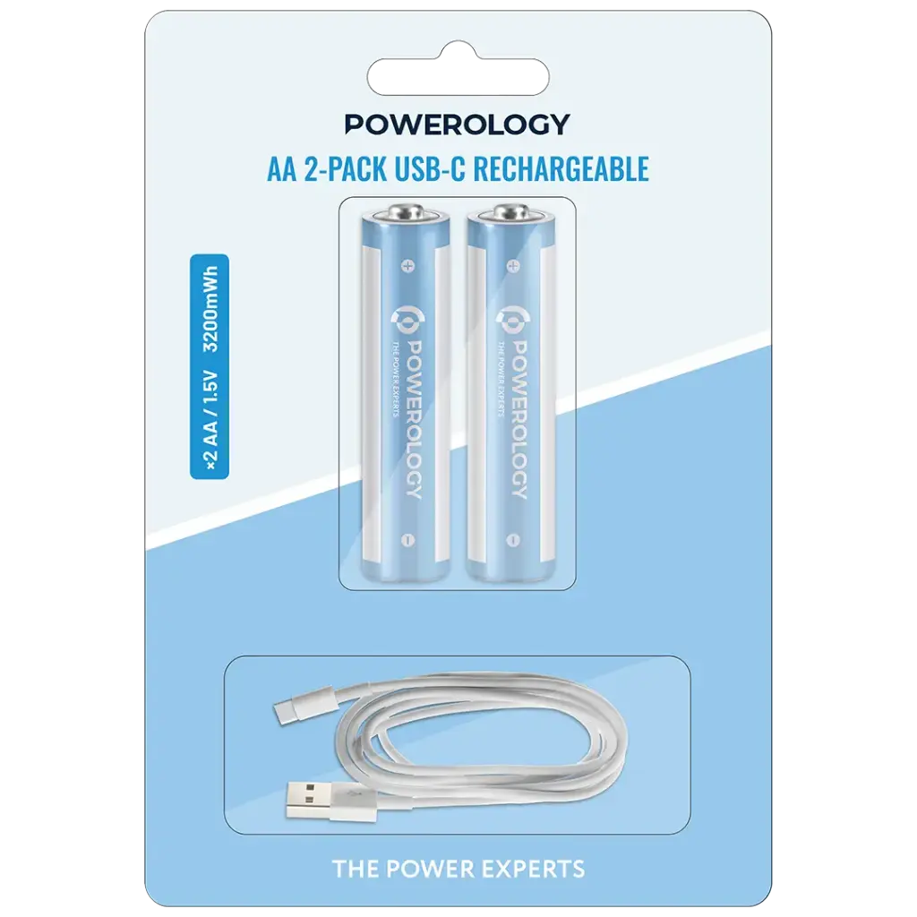 باتری قلمی قابل شارژ AA پاورولوژی با پورت USB-C – بسته ۲ عددی سفید/آبی