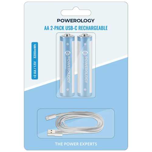 باتری قلمی قابل شارژ AA پاورولوژی با پورت USB-C – بسته ۲ عددی سفید/آبی