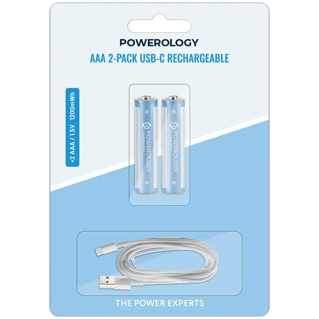 باتری نیم قلمی قابل شارژ AAA پاورولوژی با پورت USB-C – بسته ۲ عددی سفید/آبی
