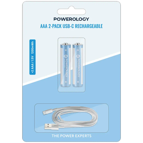 باتری نیم قلمی قابل شارژ AAA پاورولوژی با پورت USB-C – بسته ۲ عددی سفید/آبی
