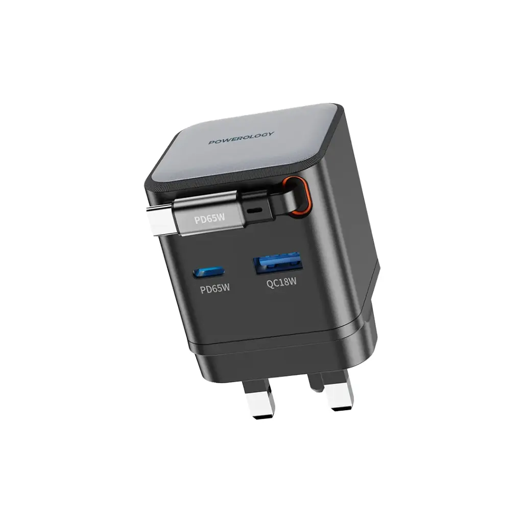 شارژر دیواری Powerology 65 وات GaN با کابل جمع‌شونده و دو پورت USB-C و USB-A