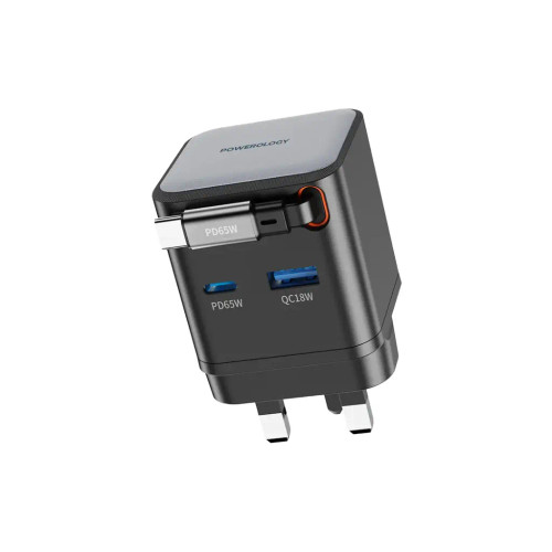 شارژر دیواری Powerology 65 وات GaN با کابل جمعشونده و دو پورت USB-C و USB-A