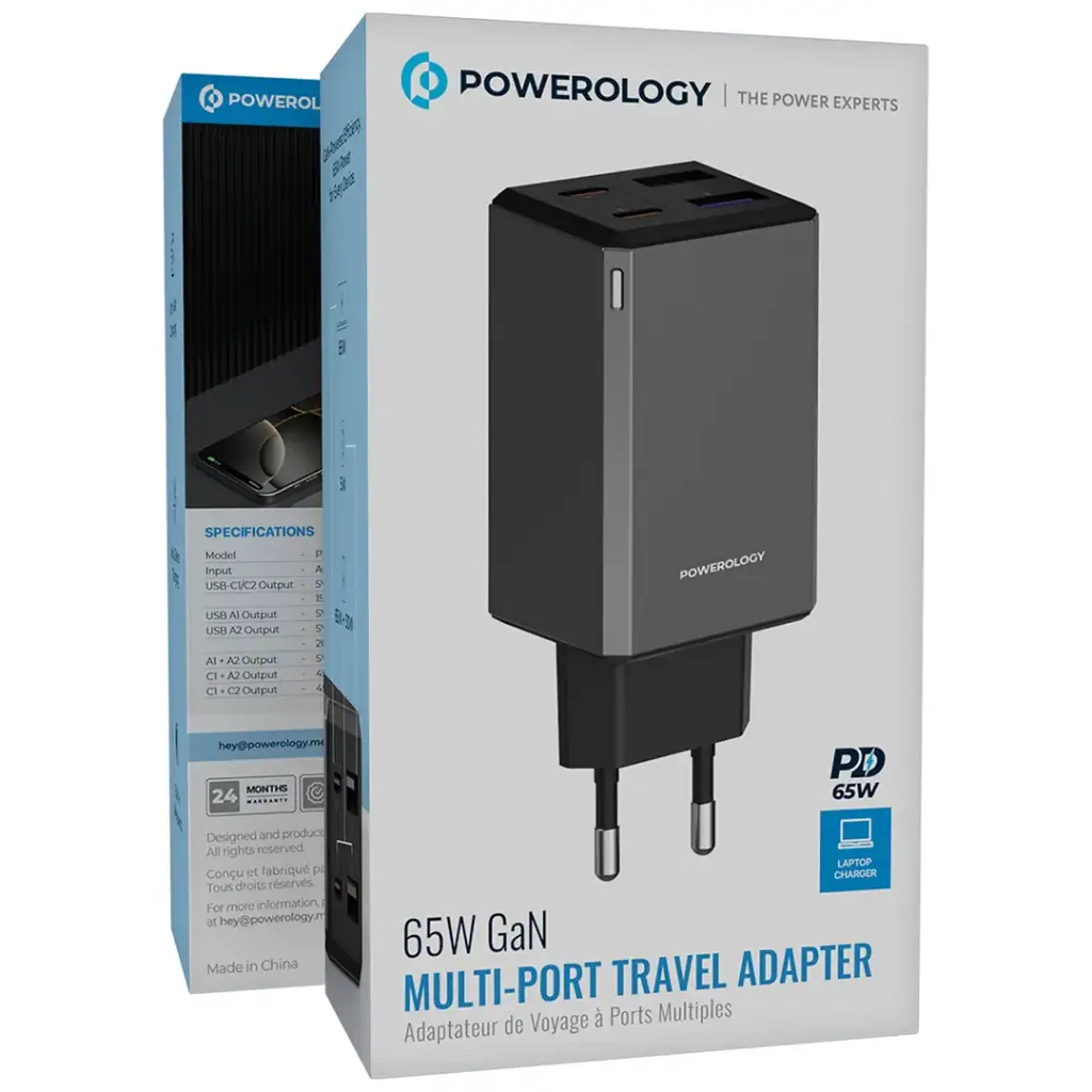 آداپتور مسافرتی Powerology 65W GaN؛ شارژ سریع و هم‌زمان با دو USB-C و دو USB-A