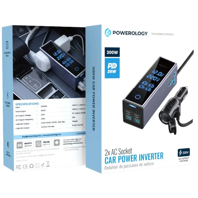 اینورتر برق خودرو Powerology 300 وات؛ 2 خروجی AC 220 ولت و شارژ سریع