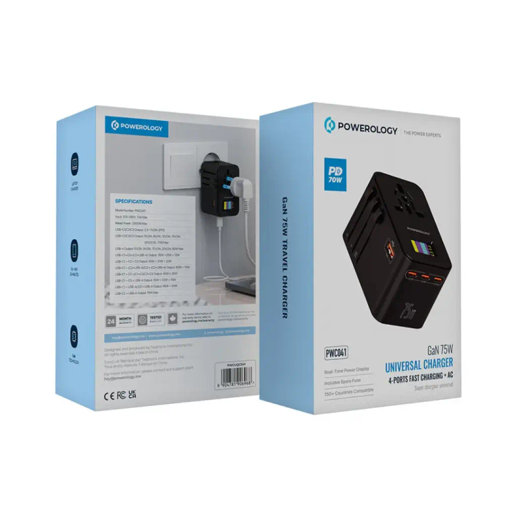 شارژر یونیورسال Powerology GaN 75W | سه پورت USB-C و شارژ سریع