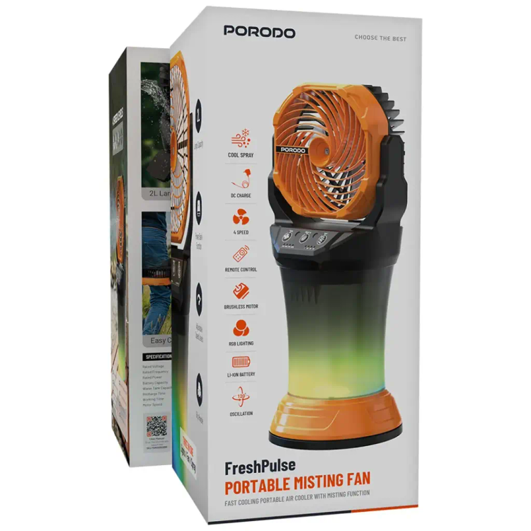 پنکه مهپاش قابل حمل Porodo FreshPulse – نارنجی و مشکی