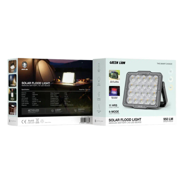 چراغ سیلابی خورشیدی Green Lion با باتری ۴۸۰۰ میلیآمپرساعت و ۴۳ LED – مشکی