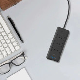 چندراهی برق Powerology 48W با 6 خروجی AC، یک USB-C و سه USB-A – مشکی