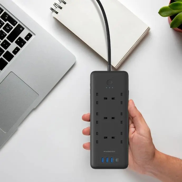 چندراهی برق Powerology 48W با 6 خروجی AC، یک USB-C و سه USB-A – مشکی