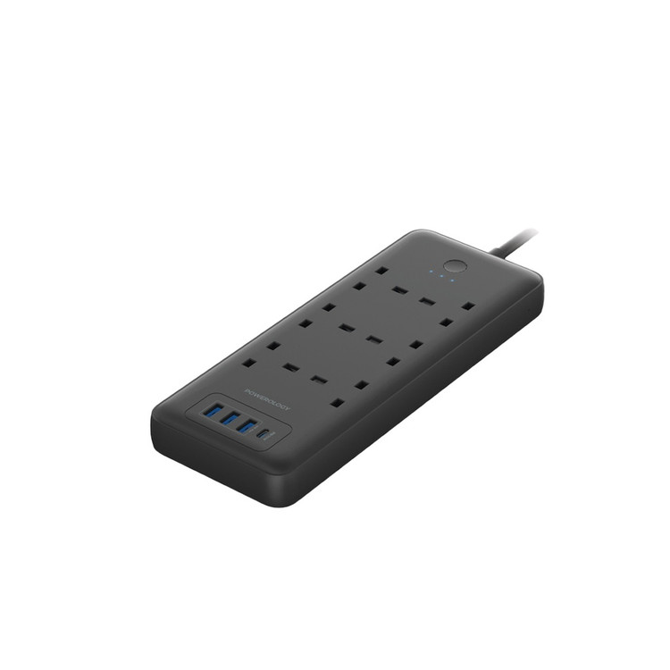 چندراهی برق Powerology 48W با 6 خروجی AC، یک USB-C و سه USB-A – مشکی