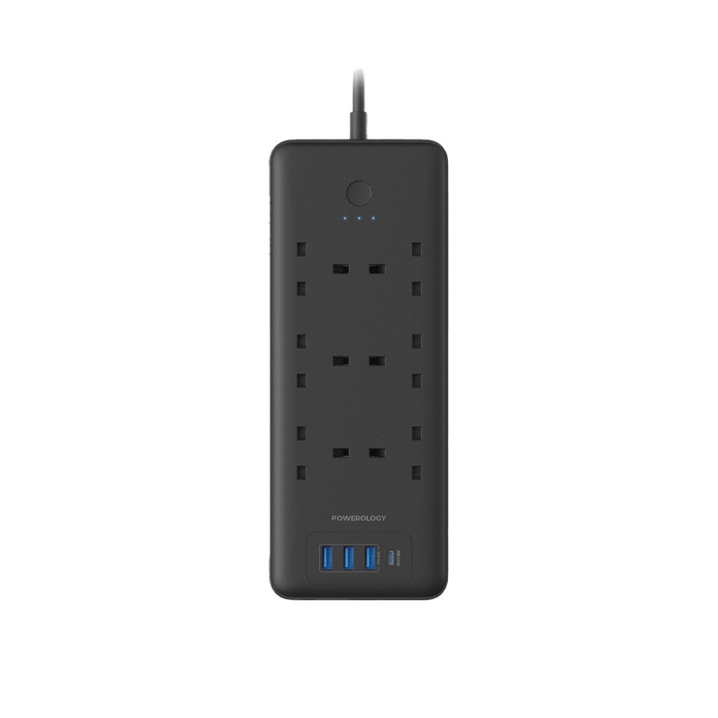 چندراهی برق Powerology 48W با 6 خروجی AC، یک USB-C و سه USB-A – مشکی