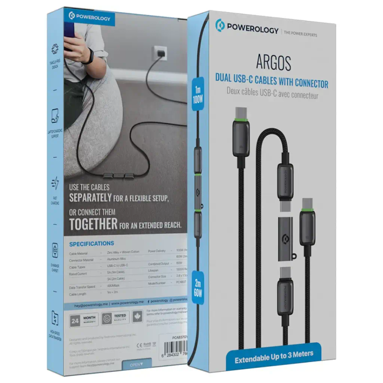 کابل شارژ دوگانه USB-C پاورولوژی Argos | طول 3 متر