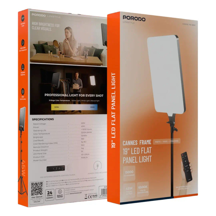 پنل نور LED استودیویی Porodo Lifestyle Cannes Frame 19 اینچ | 45W