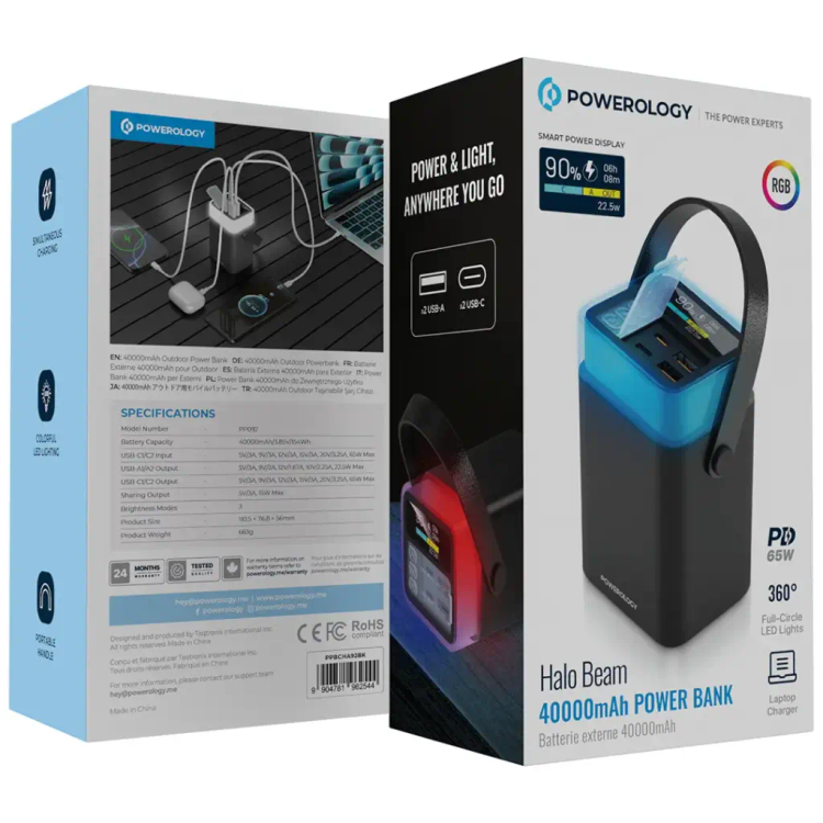 پاوربانک پرظرفیت پاورولوژی مدل Halo Beam ظرفیت 40000 میلیآمپر ساعت توان 65 وات – مشکی