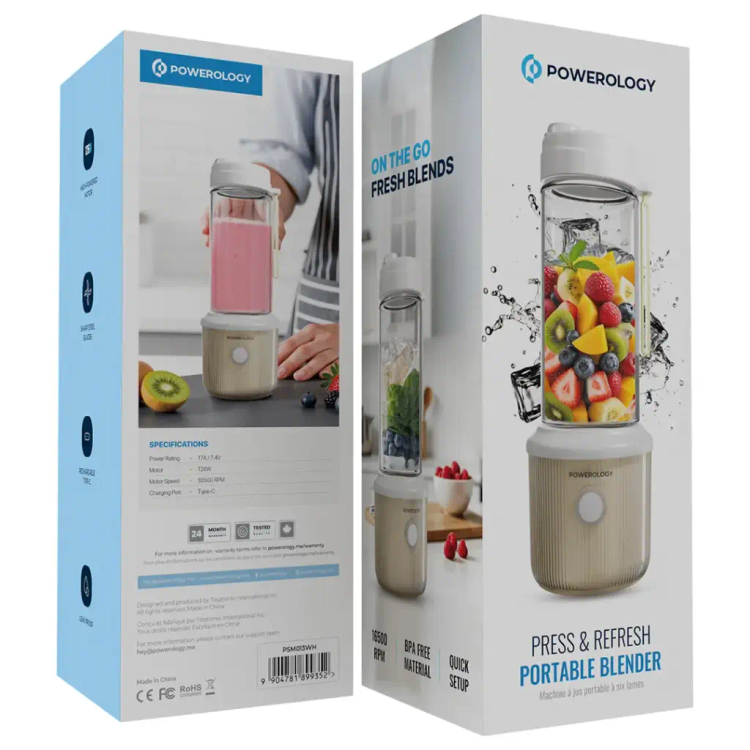 مخلوطکن شارژی قابل حمل پاورولوژی مدل Press & Refresh ظرفیت 450 میلیلیتر – 126 وات
