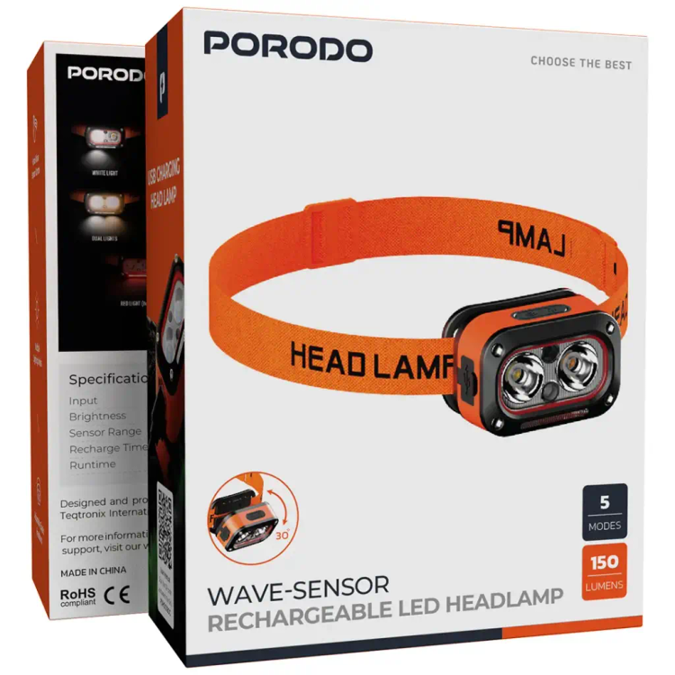 چراغ پیشانی شارژی Porodo Wave-Sensor – نارنجی